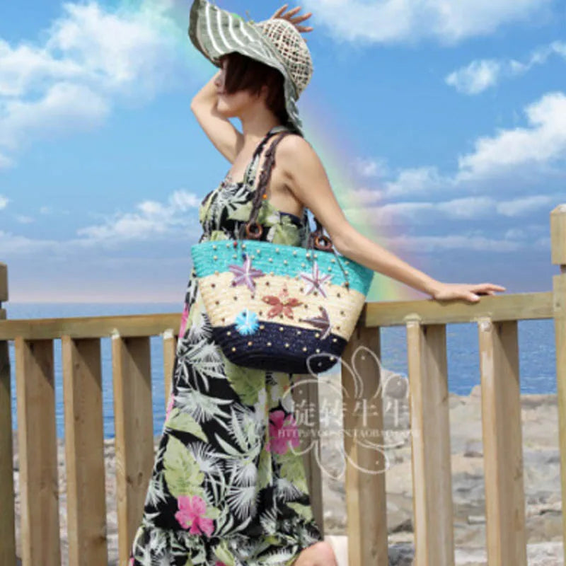 Femlion Starfish Straw Bag: Hand-Embroidered Beaded Woven Handbag