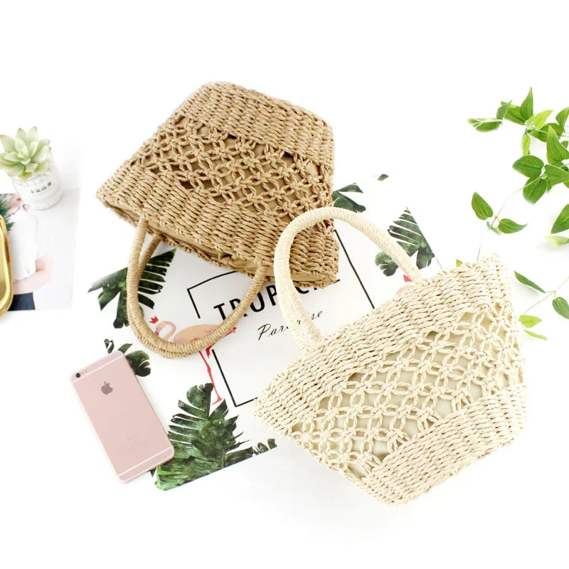 Femlion Paper Rope Weave Handbag Pattern Beach Bag Straw Bag