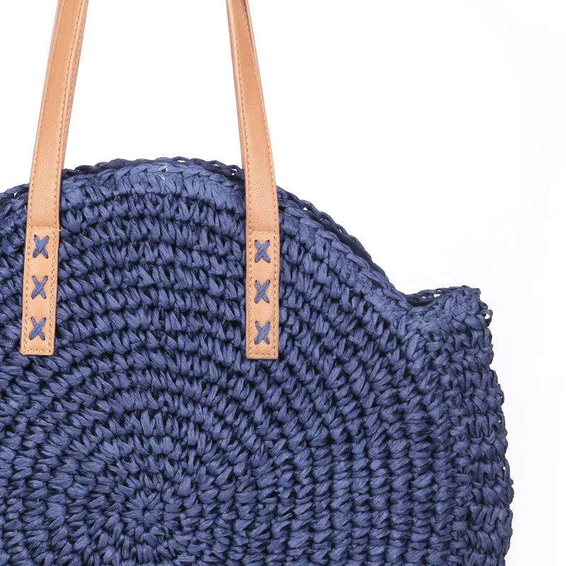 Femlion Round Straw Tote Bag - Handmade Bohemian Rattan Shoulder Bag for Summer Vacation