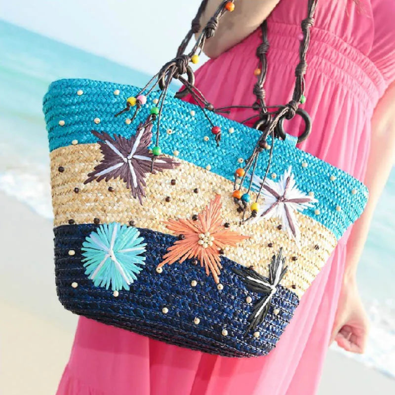 Femlion Starfish Straw Bag: Hand-Embroidered Beaded Woven Handbag