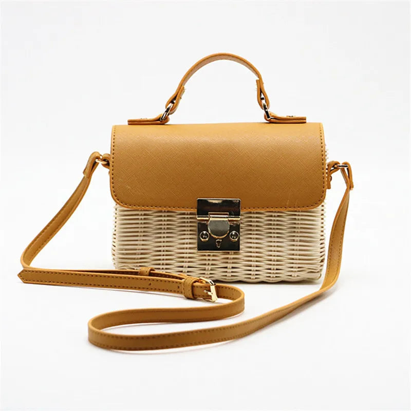 Femlion Woven Rattan Leather Crossbody Bag Wood Handbag