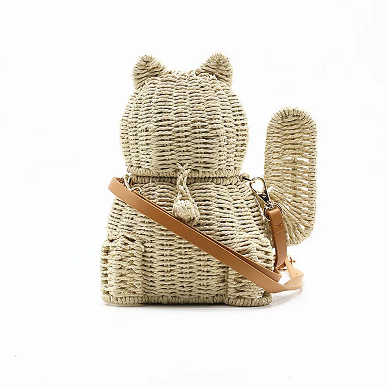 Femlion Rattan Cat Crossbody Bag - Trendy Straw Handbag for Women