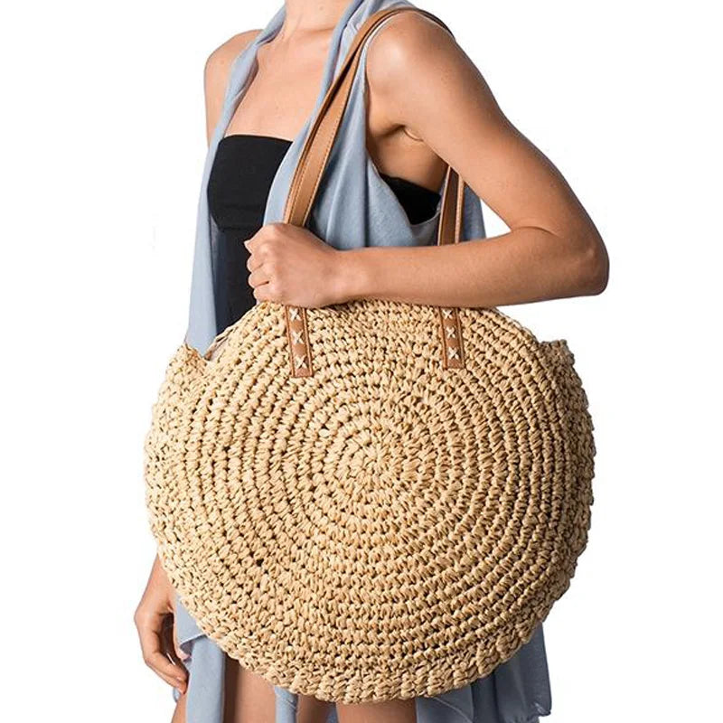 Femlion Round Straw Tote Bag - Handmade Bohemian Rattan Shoulder Bag for Summer Vacation