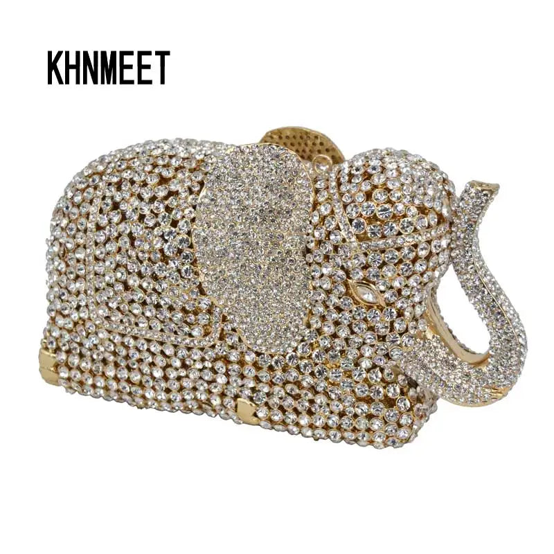 Femlion Deluxe Crystal Elephant Evening Bag with Indian Rhinestones & Zinc Alloy