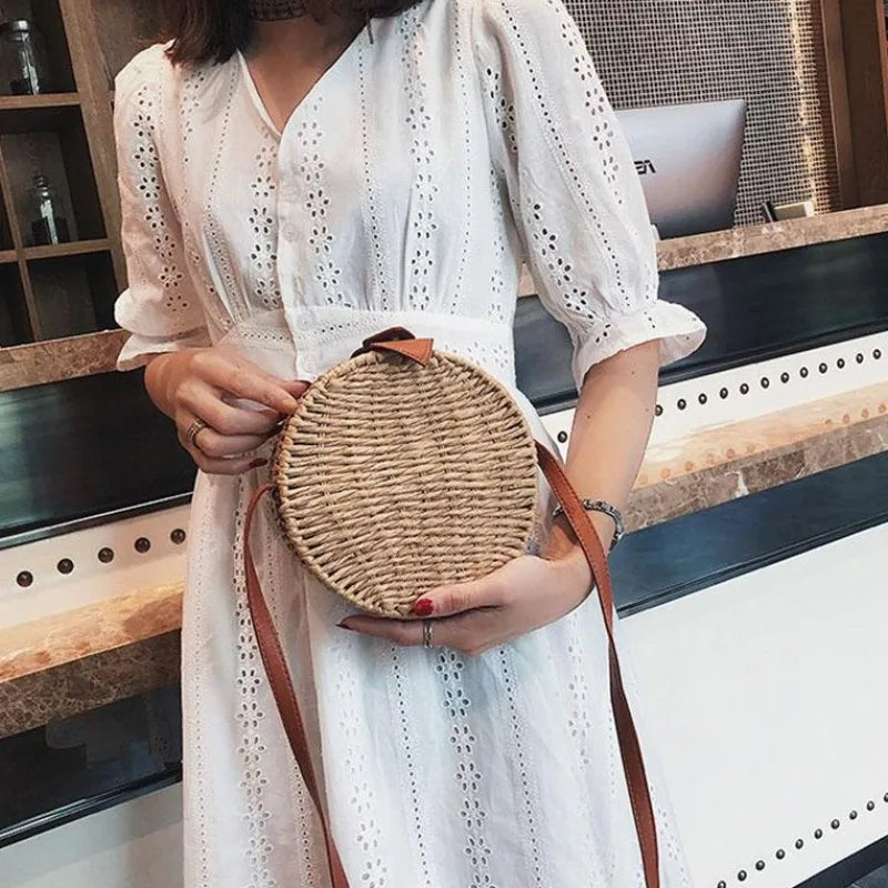 Femlion Summer Rattan Round Straw Bag - Boho Circle Crossbody Handbag