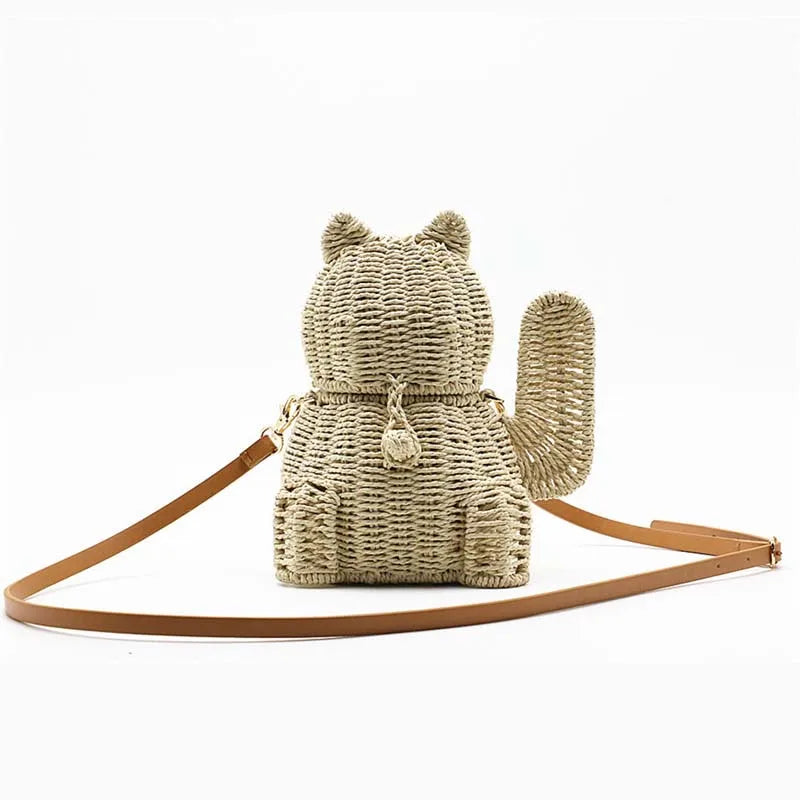 Femlion Rattan Cat Crossbody Bag - Trendy Straw Handbag for Women