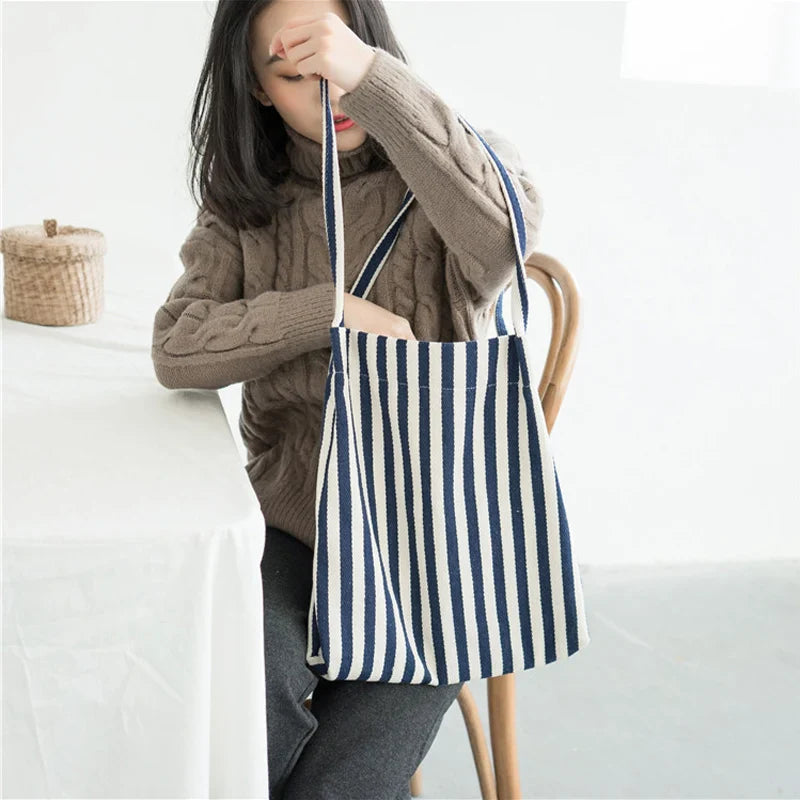 Femlion Blue Striped Canvas Shoulder Bag - Foldable Reusable Tote Handbag