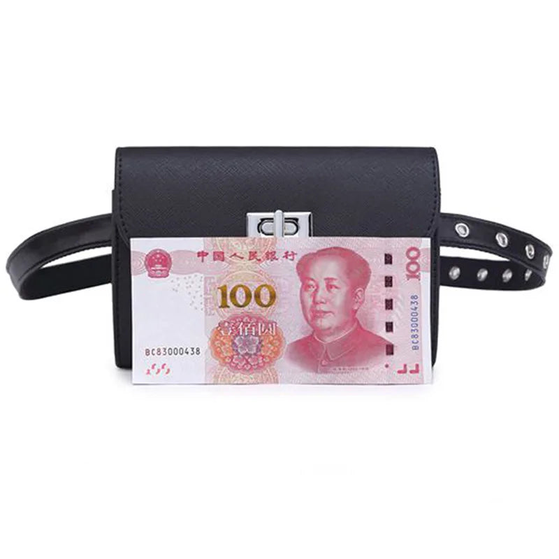 Femlion Pu Leather Fashion Waist Bag for Women Adjustable Hip Pack Black