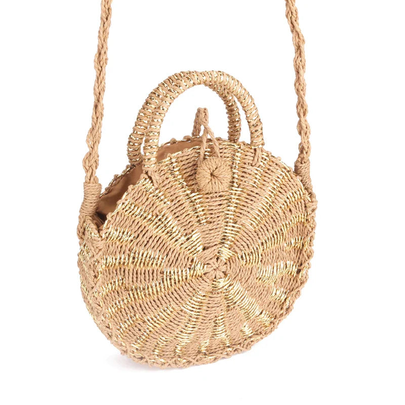 Femlion Rattan Woven Round Handbag Retro Straw Knitted Messenger Bag Lady Beach Tote Circle