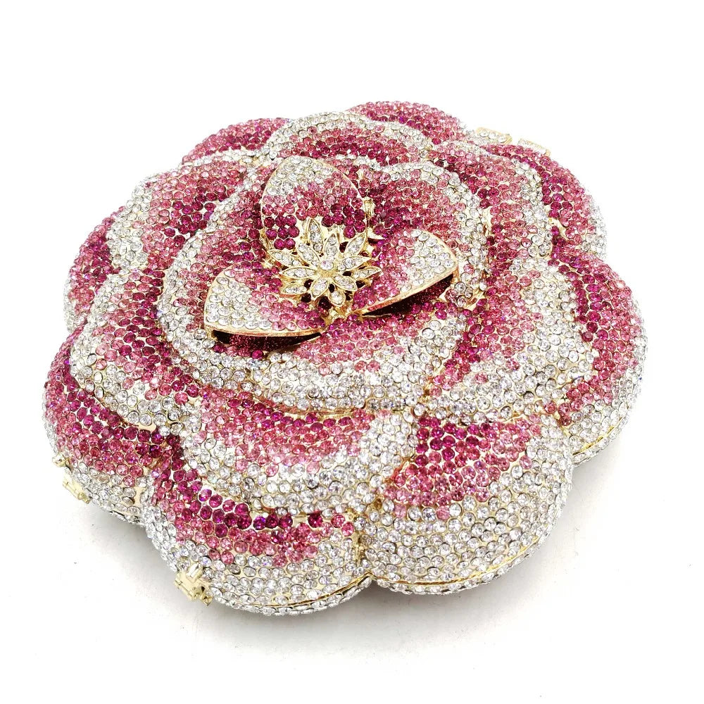 Femlion Pink Crystal Floral Clutch Bag for Wedding and Parties