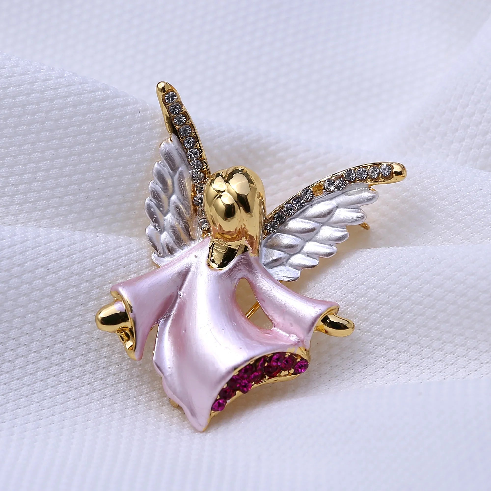 Femlion Pink Fairy Rhinestone Brooch Pin with Crystal Wings for Women