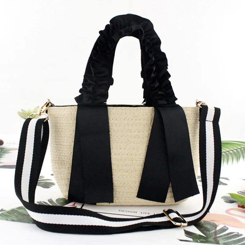 Femlion Black Lace Straw Bag Portable Handbag Beach Bag