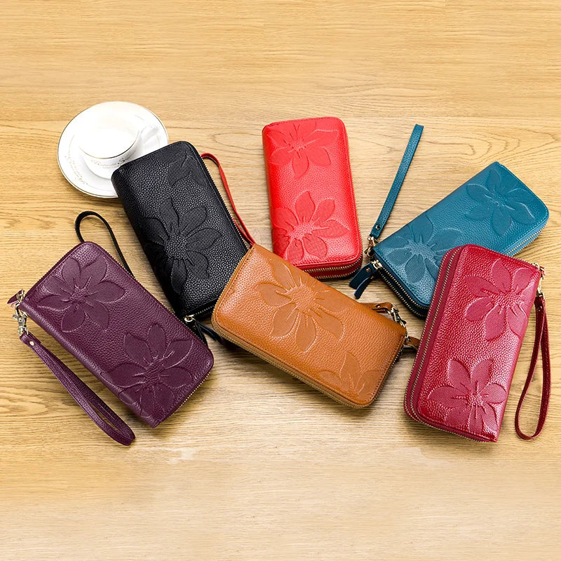 Femlion Leather Double Zip Long Wallet for Women - RFID Card Holder Clutch