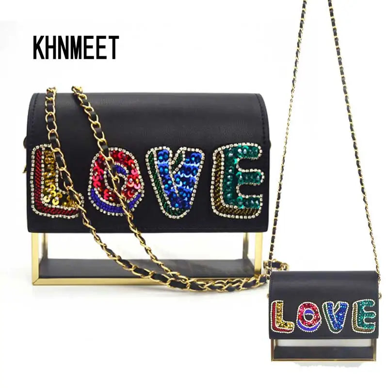 Femlion Love Letters Black Shoulder Bag with Flap and Pu Strap