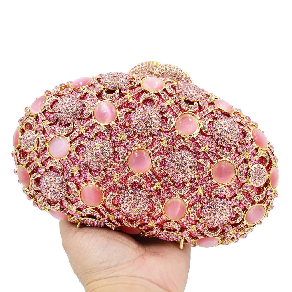 Femlion Pink Crystal Chain Clutch Purse Box Evening Bag