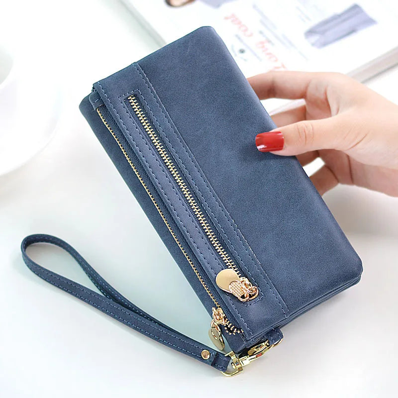 Femlion Vintage Matte PU Leather Long Wallet with Double Zipper Clutch