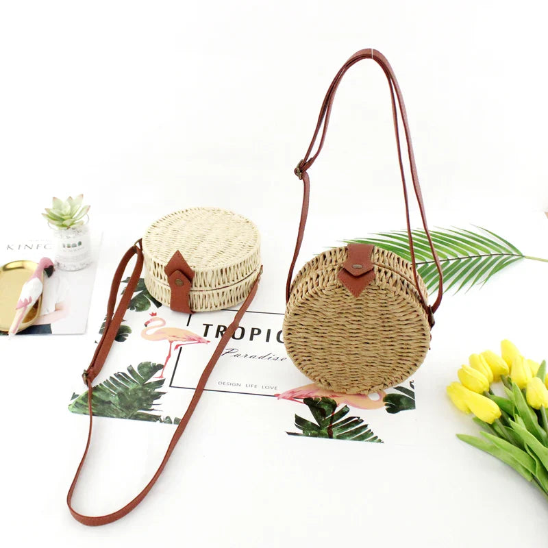 Femlion Summer Rattan Round Straw Bag - Boho Circle Crossbody Handbag