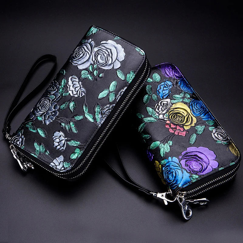 Femlion Rose Flower Long Wallet: Genuine Leather, Double Zipper Purse & Credit Card Holder