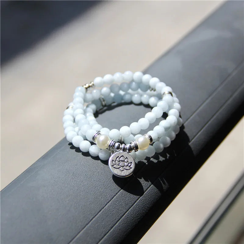 Femlion Aquamarine Quartz Bead Bracelet with Lotus Charm - Blue Stone Bangle