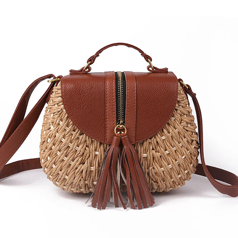 Femlion Bohemian Tassel Straw Crossbody Bag for Women