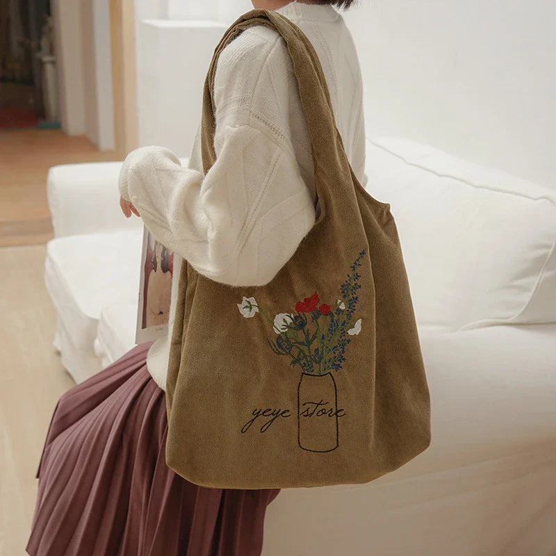 Femlion Corduroy Shoulder Bag with Embroidered Flowers - Eco-Friendly Tote Bag for Women