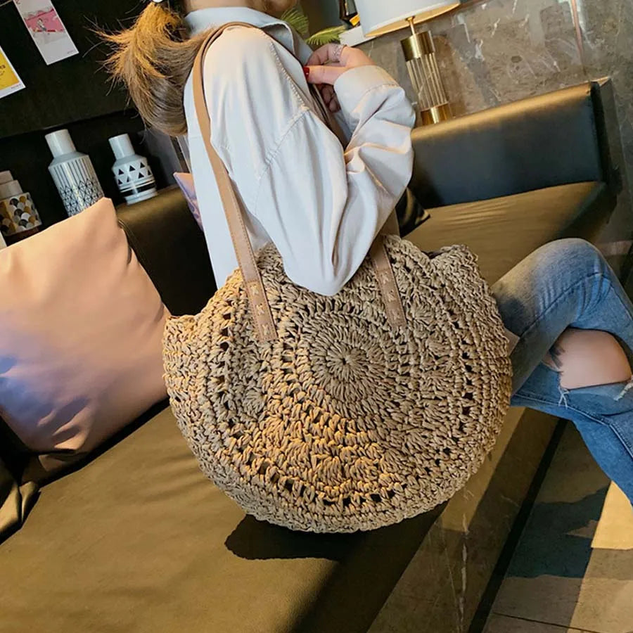 Femlion Round Rattan Shoulder Bag | Circle Straw Handbag for Women | Bohemian Summer Tote