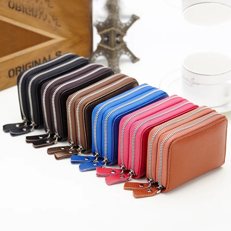 Femlion Mini Leather Wallet with Double Zipper Pockets & Card Slots