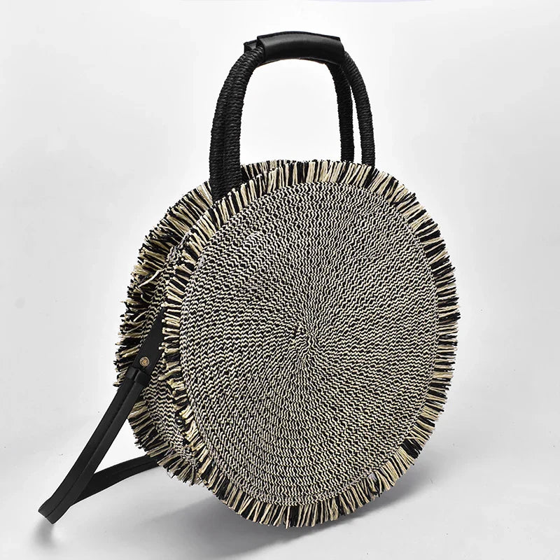 Femlion Fringed Straw Handbag Tote Beach Woven Round Shoulder Bag