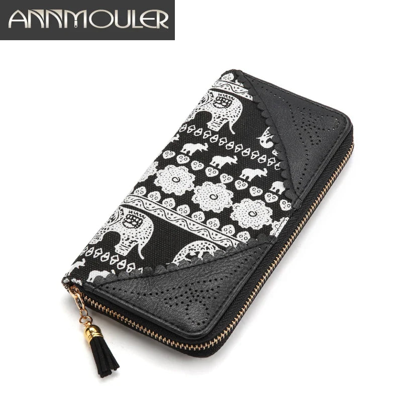 Femlion Canvas Lace Flower Elephant Print Clutch Wallet with Tassel