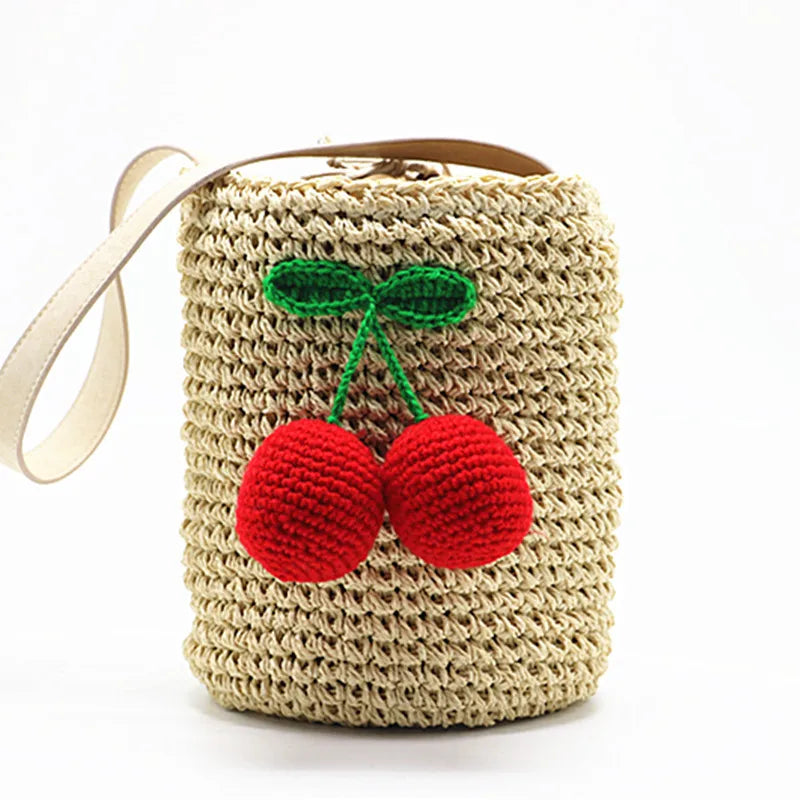 Femlion Summer Style Boho Straw Handbag - Cherry Pompon Cylinders Beach Bag