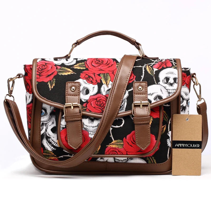 Femlion Vintage Skull Print Canvas Shoulder Bag Crossbody Satchel for Women