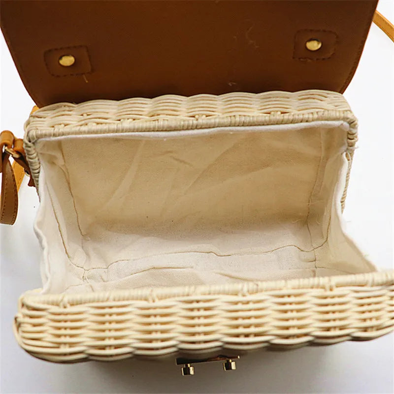 Femlion Woven Rattan Leather Crossbody Bag Wood Handbag