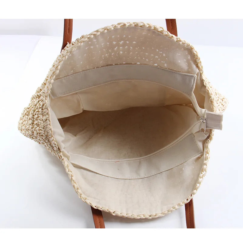 Femlion Round Straw Beach Bag Large Capacity Hand Woven Summer Girl Bag