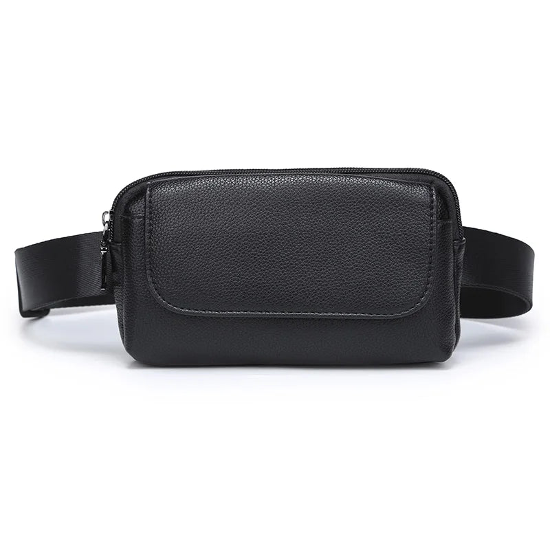 Femlion Black Pu Leather Double Pocket Waist Bag for Women