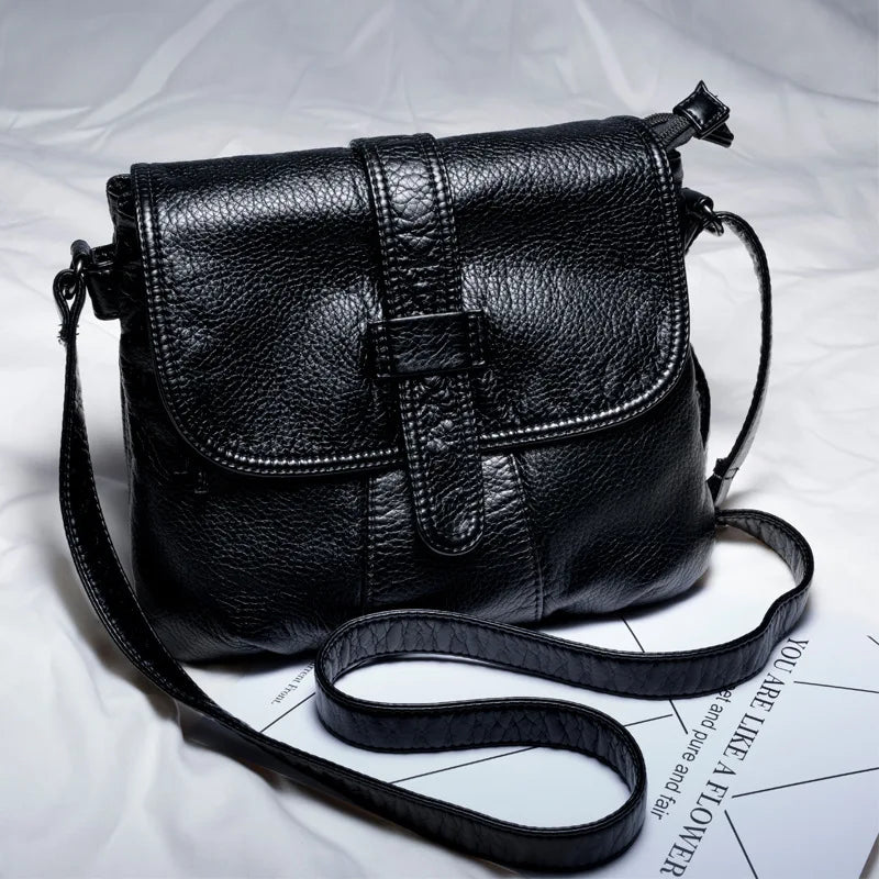 Femlion Black Leather Crossbody Bag: Small Size Shoulder Messenger Purse