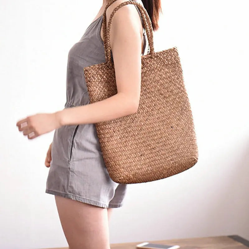 Femlion Large Straw Beach Bag Handmade Woven Tote Vintage Designer Basket Bag