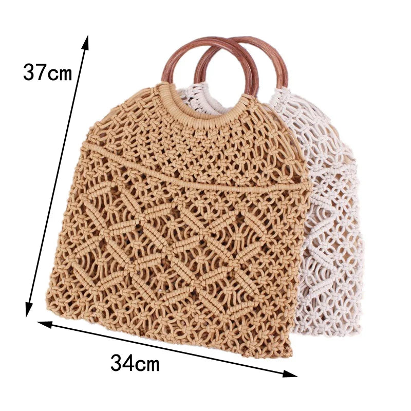 Femlion Macrame Tote with Wooden Ring Handle Vintage Straw Bag