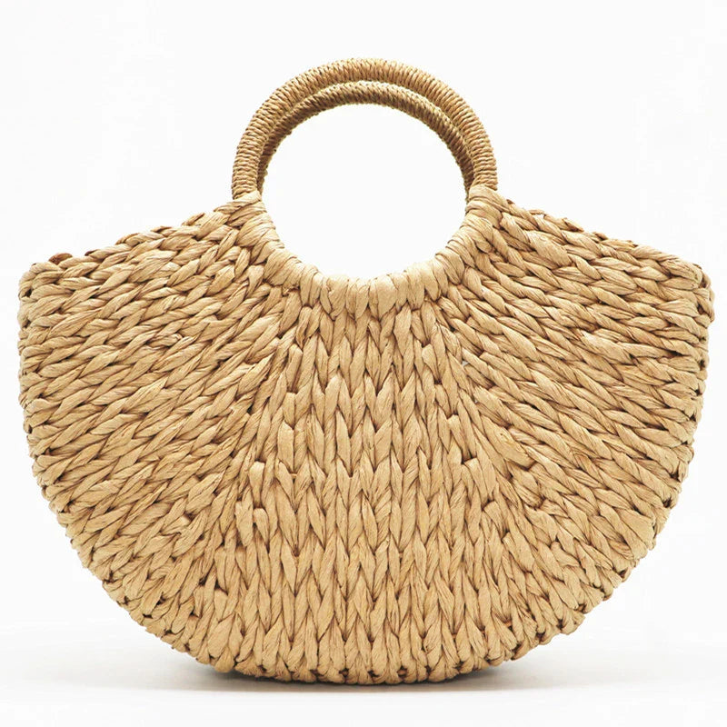 Femlion Moon Straw Beach Bag with Pompon for Women