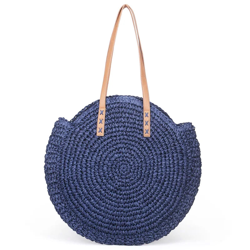 Femlion Round Straw Tote Bag - Handmade Bohemian Rattan Shoulder Bag for Summer Vacation