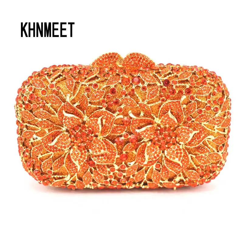 Femlion Orange Crystal Flower Clutch Bag with Diamond Studs