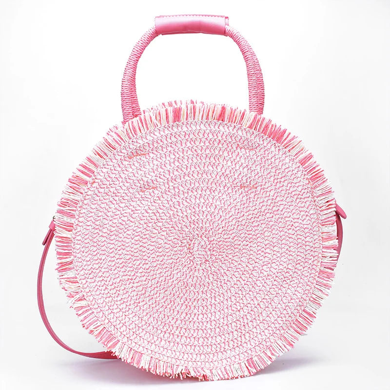 Femlion Retro Round Straw Bag with Leather Handle and Shoulder Strap