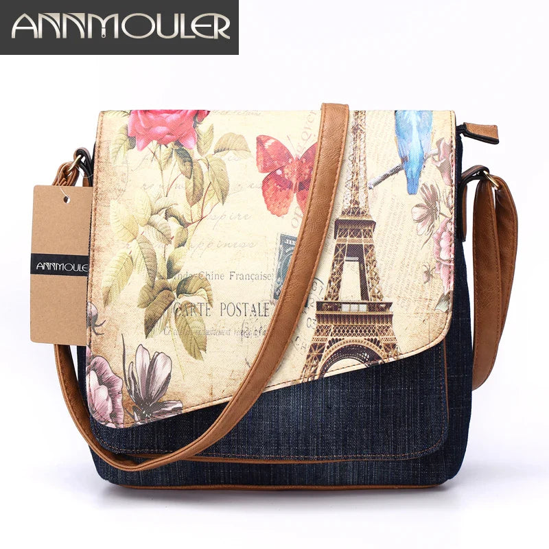 Femlion Eiffel Tower Print Denim Crossbody Bag Vintage Messenger Purse