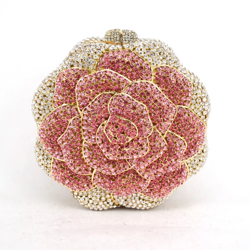 Femlion Pink Rose Crystal Clutch: Handmade Bridal Evening Bag with Colorful Diamonds.