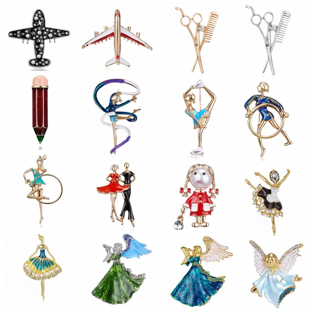 Femlion Enamel Angel Plane Scissors Ballet Gymnastics Dancer Brooches For Women