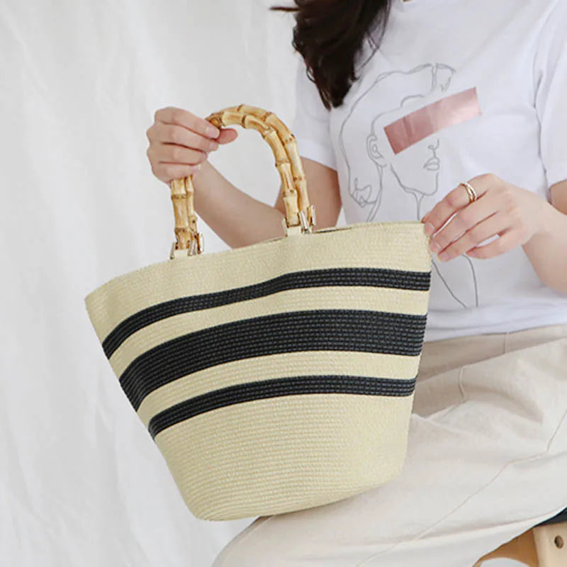 Femlion Striped Straw Tote with Bamboo Handle Women's Shoulder Bag