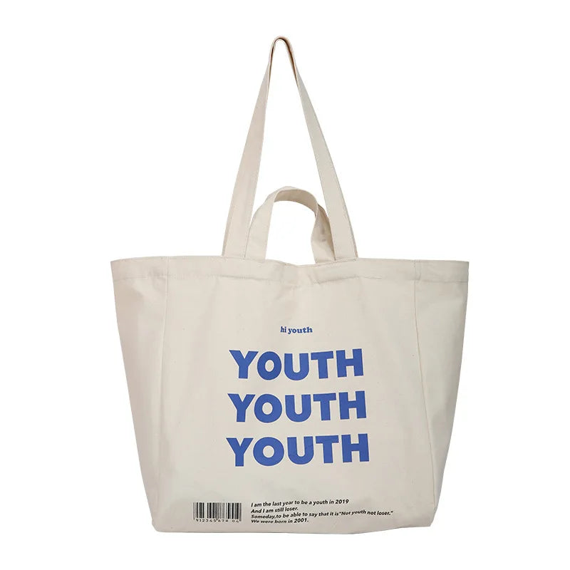 Femlion YOUTH Letters Print Canvas Shoulder Bag: Eco-Friendly Reusable Tote and Shopper Bag