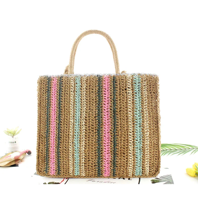 Femlion Colorful Paper Rope Straw Bag Shoulder Handbag Beach Fashion