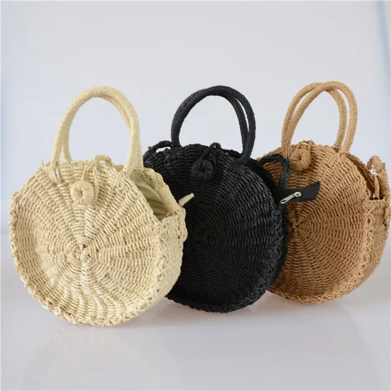 Femlion Rattan Woven Round Handbag | Vintage Straw Rope Knitted Messenger Bag