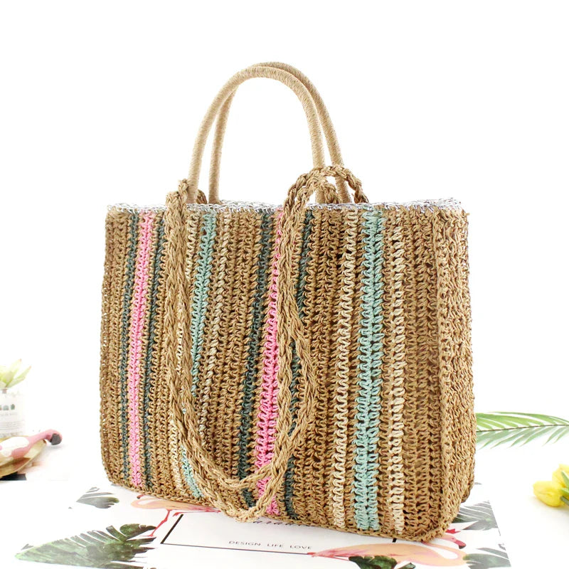 Femlion Colorful Paper Rope Straw Bag Shoulder Handbag Beach Fashion