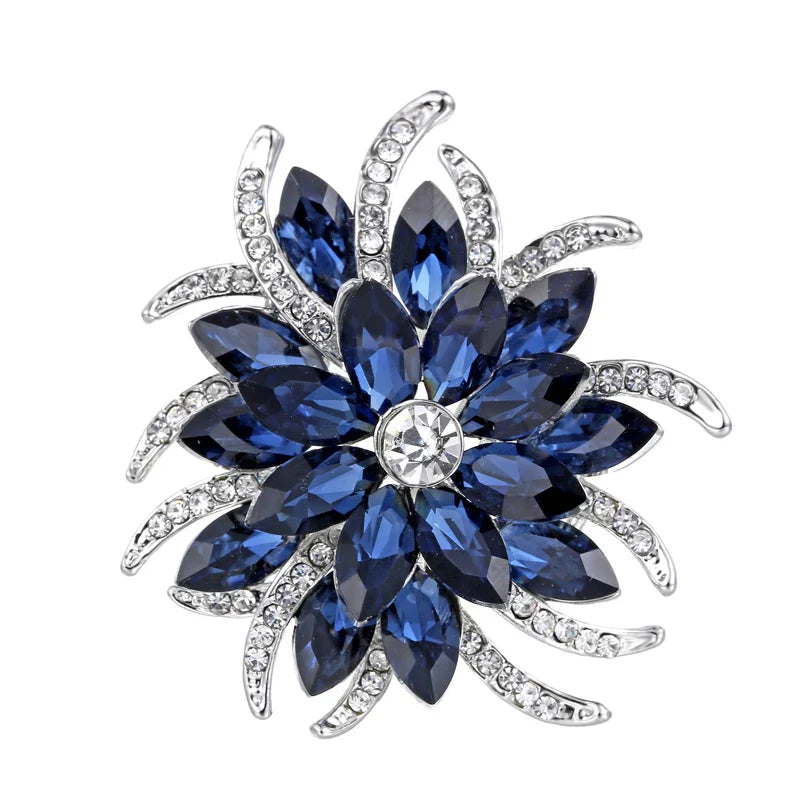 Femlion Deep Blue Crystal Flower Brooch Pin Elegant Wedding Party Jewelry